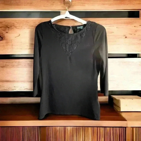 Lauren Ralph Lauren women’s XS black top with lace accents. Back button closure - Picture 1 of 6